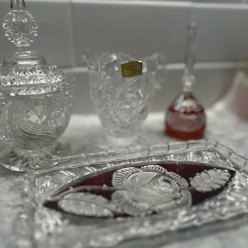 Rare Vintage Crystal Vanity Tea Set with Red Rose and Bird Accent.